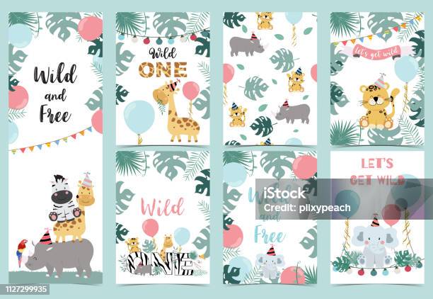 Green Birthday Card With Tiger Elephant Giraffe Zebra Cake Leaf Rainbow And Balloon Stock Illustration - Download Image Now