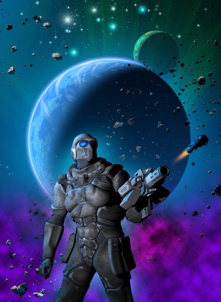 istock Futuristic warrior launching a rocket, in the background a planetary system with star, nebula and asteroids, 3d illustration 1127301242