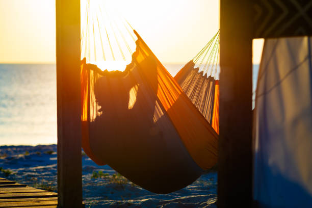 istock Man relaxes in a hammock on abandoned bungalow veranda 1127302537
