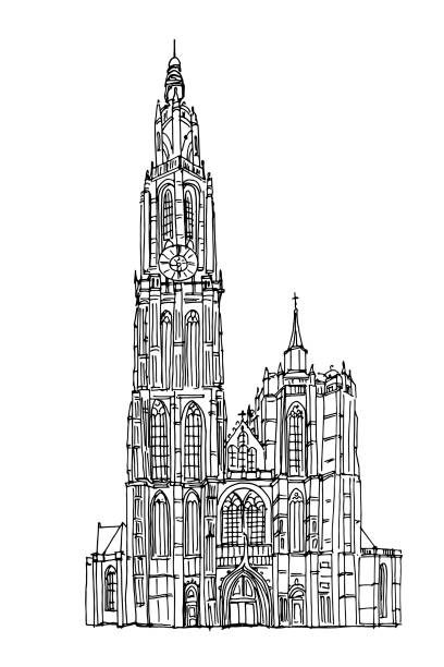 ilustrações de stock, clip art, desenhos animados e ícones de vector sketch of cathedral of our lady, antwerp, belgium - antuerpia