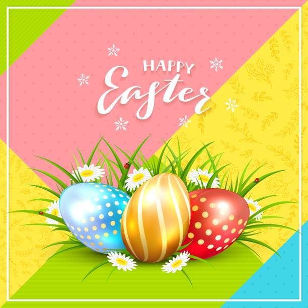 ilustrações de stock, clip art, desenhos animados e ícones de easter eggs in grass on colorful background - red easter blue frame