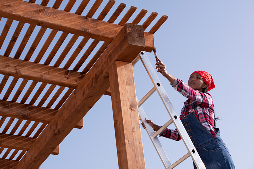 Photo from below of a woman renewing the pergola on a sunny day. Young woman applying varnish to the wood surface, standing on a ladder. The woman wearing a red checked shirt and denim overalls. Clear sky is on the background.