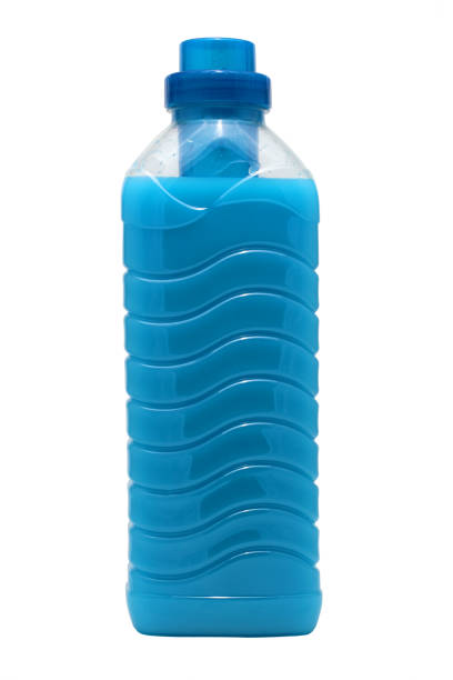 One bottle of blue fabric softener, isolated on white background