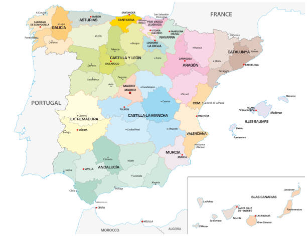 ilustraciones, imágenes clip art, dibujos animados e iconos de stock de mapa de colores vector administrativo y político de las regiones y provincias españolas - españa