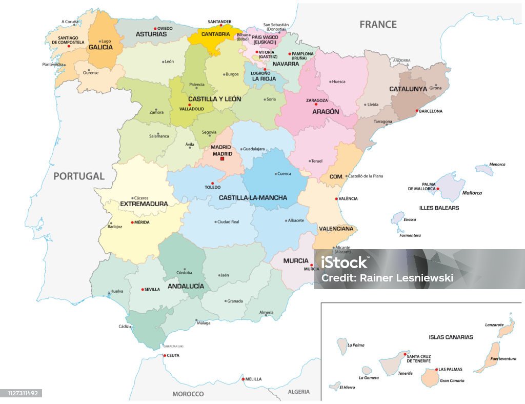 Mapa colorido vector administrativos e políticos das regiões e províncias espanholas - Vetor de Espanha royalty-free