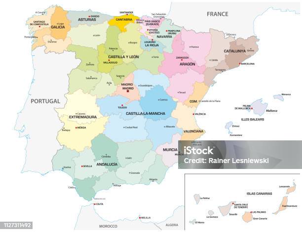 Vetores de Mapa Colorido Vector Administrativos E Políticos Das Regiões E Províncias Espanholas e mais imagens de Espanha