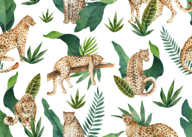 Watercolor vector seamless pattern of tropical leaves and leopards in jungle isolated on white background. Watercolor vector seamless pattern of tropical leaves and leopards in jungle isolated on white background. Illustration for design textile, wrapping paper, postcards. Trendy style. leopard big cat animal africa stock illustrations