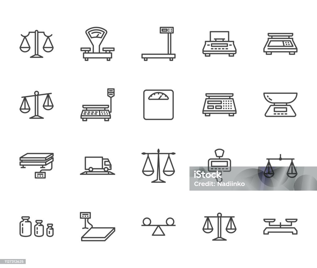 Balance del conjunto de los iconos de línea plana. Herramientas de medición de peso, dieta escalas, comercio, ilustraciones de vectores de calibración electrónica de escala industrial. Concepto de Justicia muestra fina. Pixel perfecto trazo Editable de - arte vectorial de Báscula libre de derechos