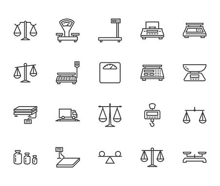 Balance flat line icons set. Weight measurement tools, diet scales, trade, electronic, industrial scale calibration vector illustrations. Thin sign justice concept. Pixel perfect 64x64 Editable Stroke