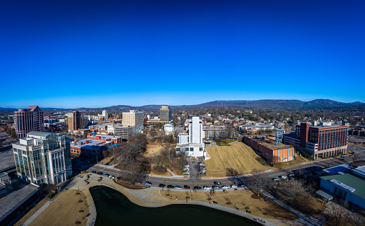 Aerial panoramic view of downtown Huntsville, Al from Big Spring Park.  Looking west to east.
