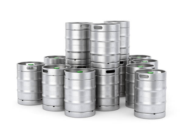 istock Metal beer kegs stack isolated on white background. 3D illustration 1127313105