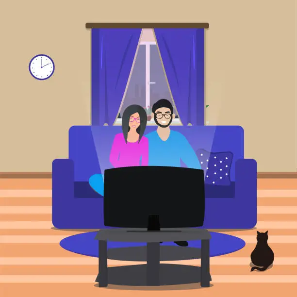 Vector illustration of Husband and wife watching tv screen sitting on the couch in their living room. Family relaxing together and watching a funny movie and the cat is sitting on the floor. Flat design, vector illustration