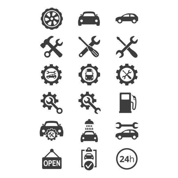 illustrations, cliparts, dessins animés et icônes de icônes de service et de réparation automobile situé sur fond blanc. - entretien