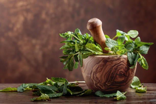 istock Bunch of fresh green organic mint in mortar. 1127316277