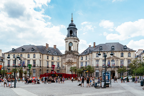 Rennes, France - July 23, 2018: City Hall Plaza or Place de la Mairie with people enjoying music