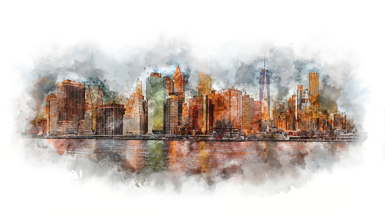 New York City Panorama - Manhattan and business district at the morning, gentle sun colors, very big size - Watercolor artwork