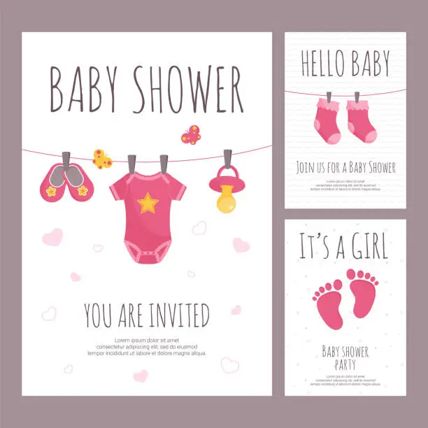 Vector illustration of Baby shower invitation vector illustration set in flat style - vertical banners with pink toddler toys and clothing.
