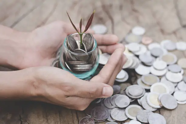Plant growing from money (coins) in the glass jar held by a man's hands, business and financial metaphor concept,