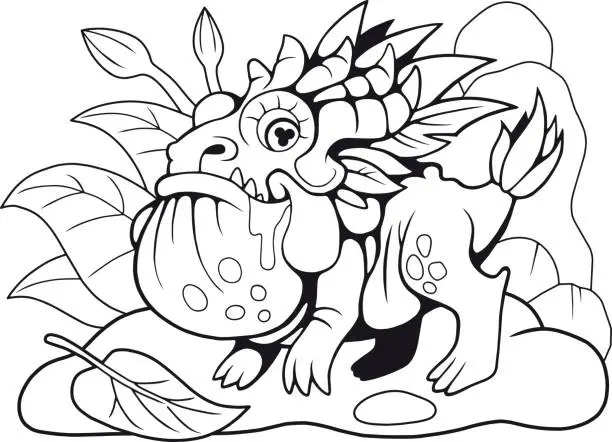 Vector illustration of little dragon toad, coloring book, funny illustration