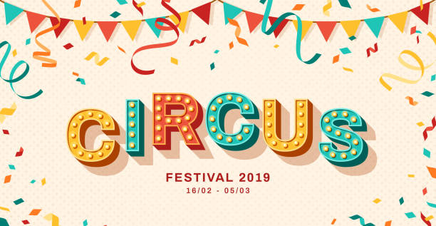 Circus retro typography design Circus banner with typography design. Vector illustration with retro light bulbs font, streamers, confetti and hanging bunting. clothing hang tags stock illustrations