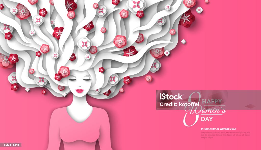 Woman with flowers in hair Fashion lady with paper cut long hair and flowers on pink background. Vector Illustration. 8 March, International Womens Day flyer template. International Womens Day stock vector