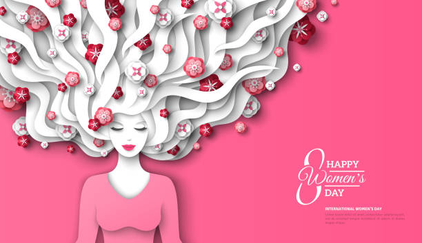 Woman with flowers in hair Fashion lady with paper cut long hair and flowers on pink background. Vector Illustration. 8 March, International Womens Day flyer template. hair posters for salon stock illustrations
