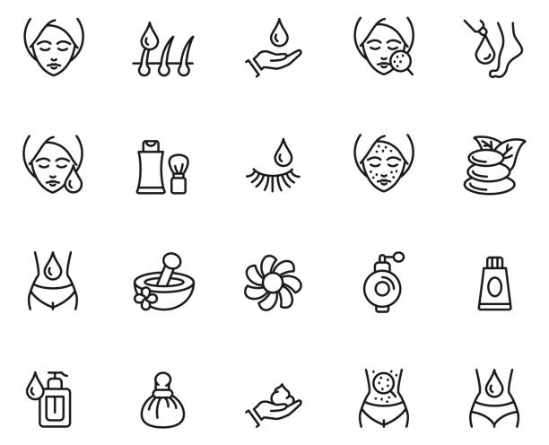 ilustraciones, imágenes clip art, dibujos animados e iconos de stock de conjunto de iconos de cuidado de piel - beauty spa spa treatment massaging health spa