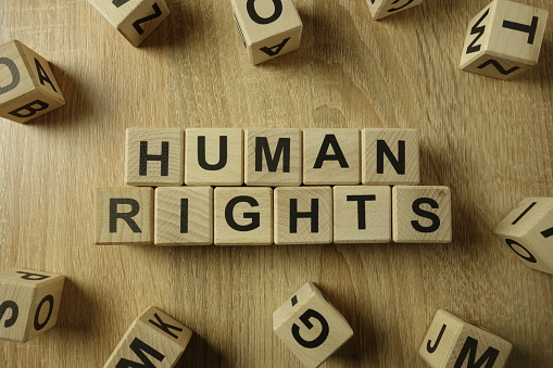 Texto de los derechos humanos de bloques de madera photo