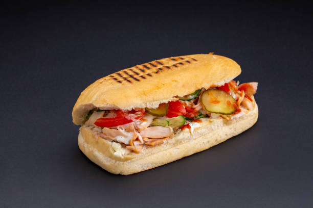 Ciabatta bread stuffed with cheese,meat and vegetables on dark background,selective focus and blank space