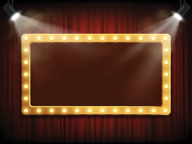 Gold frame with light bulbs on red velvet curtain. Gold frame with light bulbs on red velvet curtain. Copy space with spotlight. Vector background. success borders stock illustrations