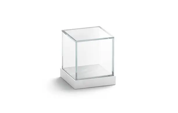 Blank white glass showcase cube mock up, isolated, 3d rendering. Empty acrylic podium box mockup. Clear plexiglass vitrine for expo or voting. Interior transparent dome template.