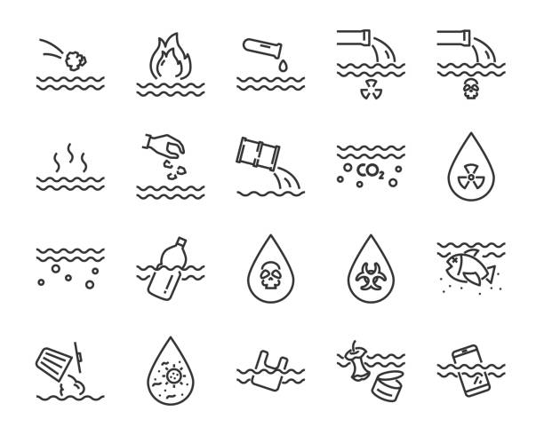 set of water pollution icons, such as, pollution, dirty, bin, plastic, industry waste , world water day, waste set of water pollution icons, such as, pollution, dirty, bin, plastic, industry waste , world water day, waste water pollution stock illustrations