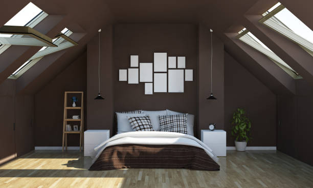 istock chocolate color bedroom on attic with photo frames mockup 1127335601