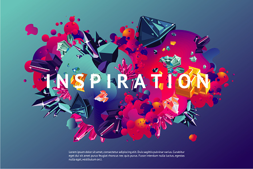 Inspiration trendy poster. Presentation cover template with abstract shapes and crystal. Modern organic surface with vibran color gradient.