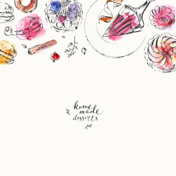ручная нарисованная иллюстрация еды и питья. чернила и акварель эскиз сладкого десерта - tea party illustrations stock illustrations