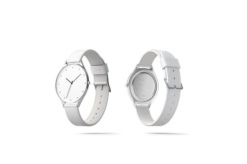 Blank white watch wristlet mockup, isolated, front and back side, 3d rendering. Empty glass screen with wrist mock up. Clear clockface and backward. Classic wristwatch design template.