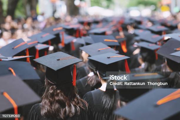 Photo libre de droit de Chapeaux De Graduation Arrière Pendant Diplômés De Succès Du Début De Luniversité Félicitation Éducation Concept Remise Des Diplômes A Félicité Les Diplômés De Luniversité Au Cours De Lentrée En Vigueur banque d'images et plus d'images libres de droit de Remise de diplôme