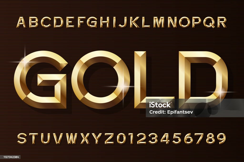 Gold Alphabet Schriftart. 3D abgeschrägte Goldeffekt Buchstaben und zahlen. - Lizenzfrei Gold - Edelmetall Vektorgrafik