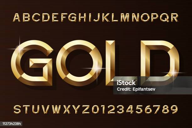 Carattere Alfabeto Oro Lettere E Numeri Effetto Oro Smussato 3d - Immagini vettoriali stock e altre immagini di Oro - Metallo
