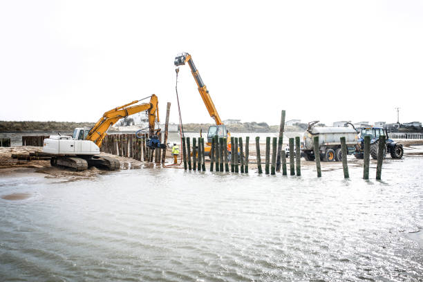 istock Crane planting stakes on the beach 1127342389