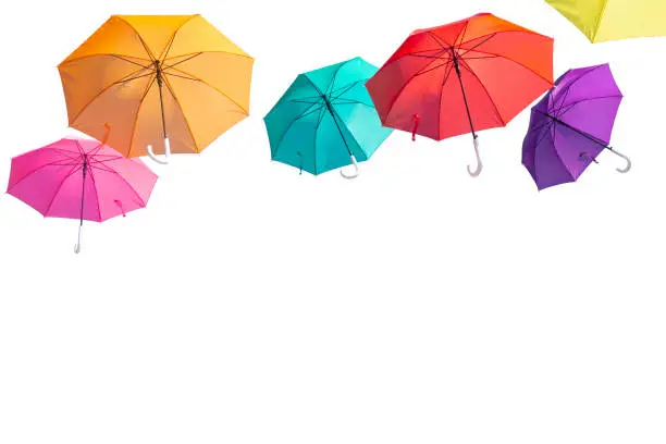 Photo of Set of colorful umbrellas isolate on white background.clipping path.