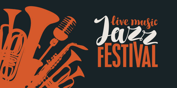 poster for a jazz festival of live music Vector poster for a jazz festival of live music in retro style on black background with wind instruments, saxophone, microphone and inscriptions sax arts and crafts stock illustrations