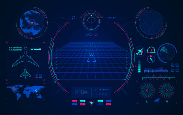 aviation technology concept of aviation technology, graphic of airplane interface with digital radar pilot stock illustrations