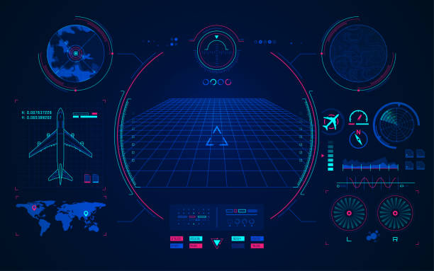 aviation technology concept of aviation technology, graphic of airplane interface with digital radar flight radar screen stock illustrations