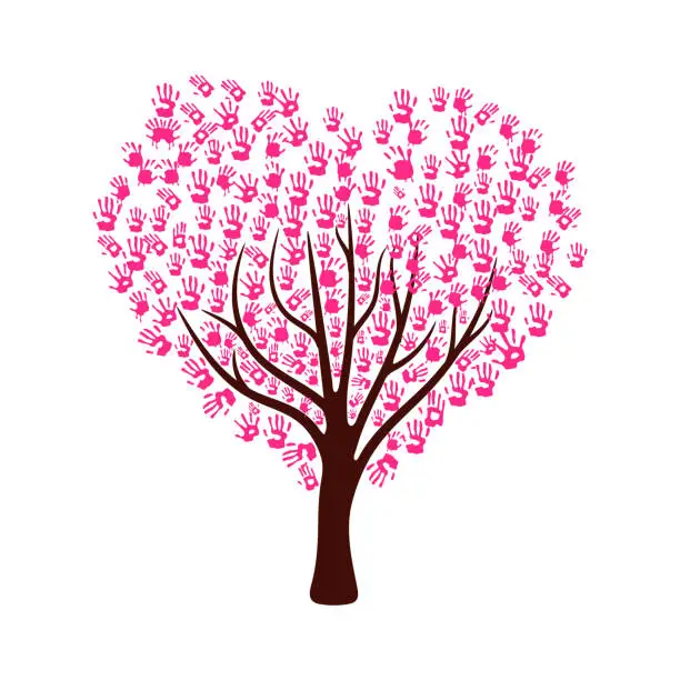 Vector illustration of Tree made from pink color hand prints in heart shape leaves