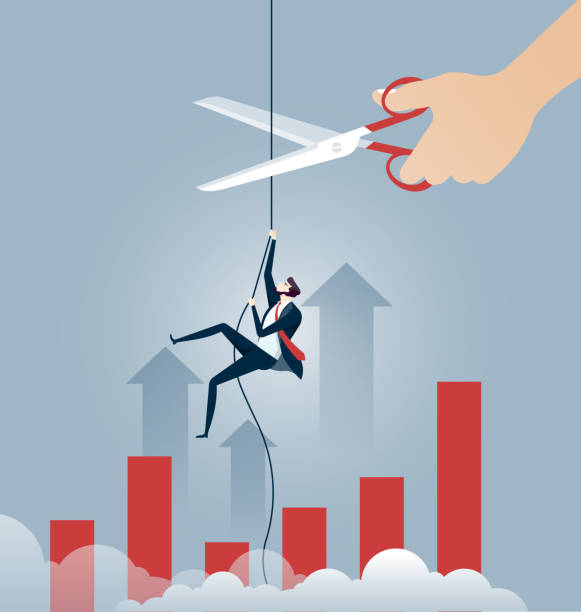 Businessman climbing on rope meanwhile a giant hand with scissors cutting the rope - Business concept vector Businessman climbing on rope meanwhile a giant hand with scissors cutting the rope - Business concept vector sabotage icon stock illustrations
