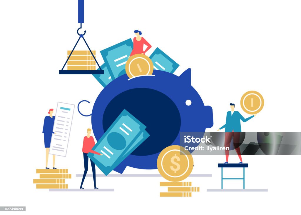 Financial management - flat design style colorful illustration Financial management - flat design style colorful illustration on white background. Composition with male, female characters putting coins into a piggy bank, banknotes, receipt. Money saving concept Savings stock vector