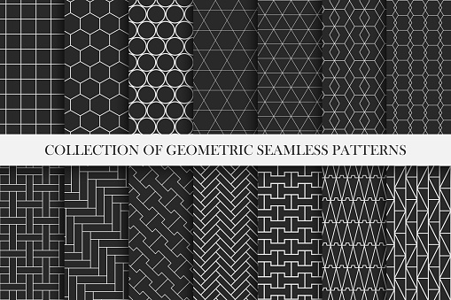 Collection of geometric seamless vector patterns. Symmetric minimal design. You can find repeatable backgrounds in swatches panel.