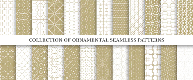 Collection of repeatable ornamental vector patterns. Grid geometric oriental backgrounds.