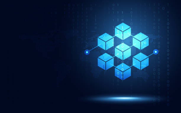 blockchain technologie fintech kryptoměna blok řetězu serveru abstraktní pozadí. propojený blok obsahuje kryptografickou hodnotu hash a transakční data. nová futuristická systémová technologie. vektorová ilustrace. - blockchain stock ilustrace